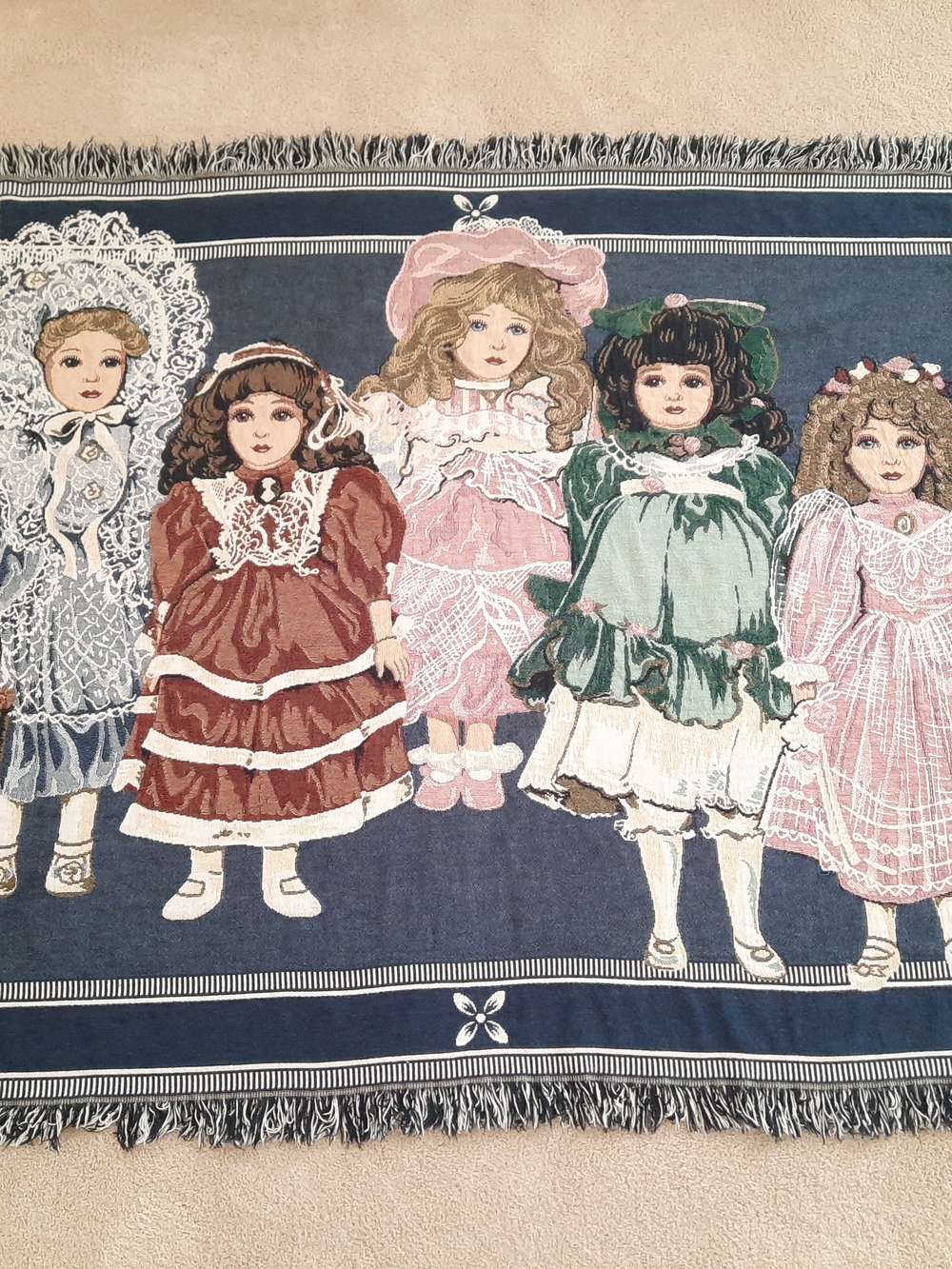Vintage Doll Print Tapestry Throw Blanket - Navy, Pink, Green, Red